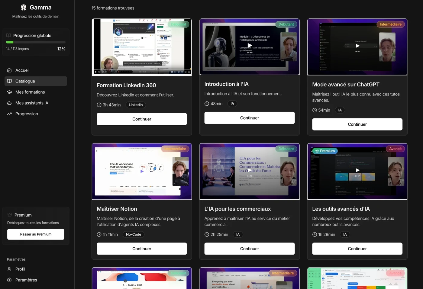 Catalogue Gamma : formations LinkedIn, intelligence artificielle, Notion et outils commerciaux